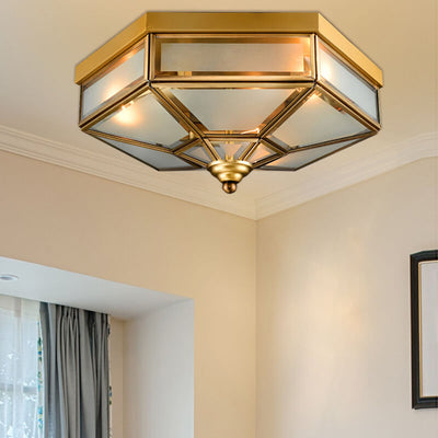 Traditional European Polygonal All Copper Glass 3/4 Light Flush Mount Ceiling Light For Living Room