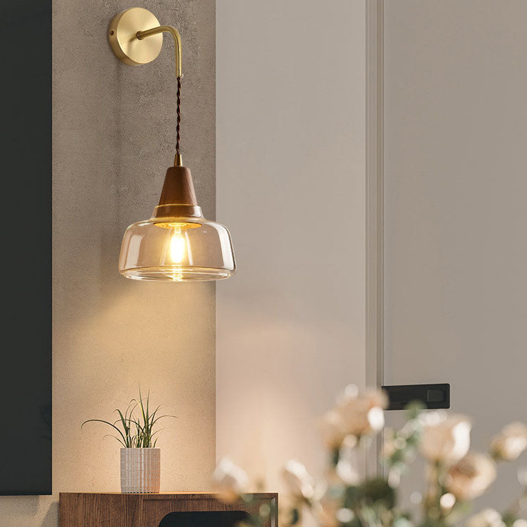 Traditional Japanese Walnut Glass  Copper Cylinder 1-Light Wall Sconce Lamp