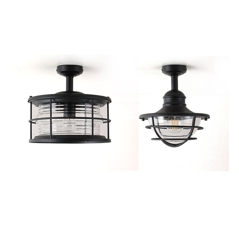 Industrial Vintage Glass Drum 1-Light Outdoor Semi-Flush Mount Ceiling Light