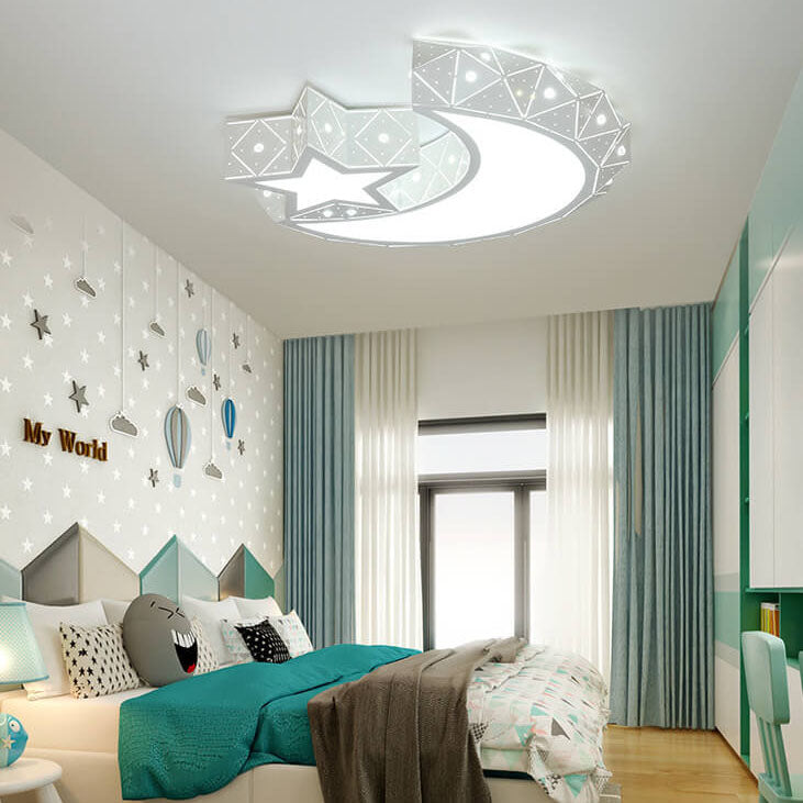 Modern Star Moon Geometric Iron LED Kids Flush Mount Ceiling Light