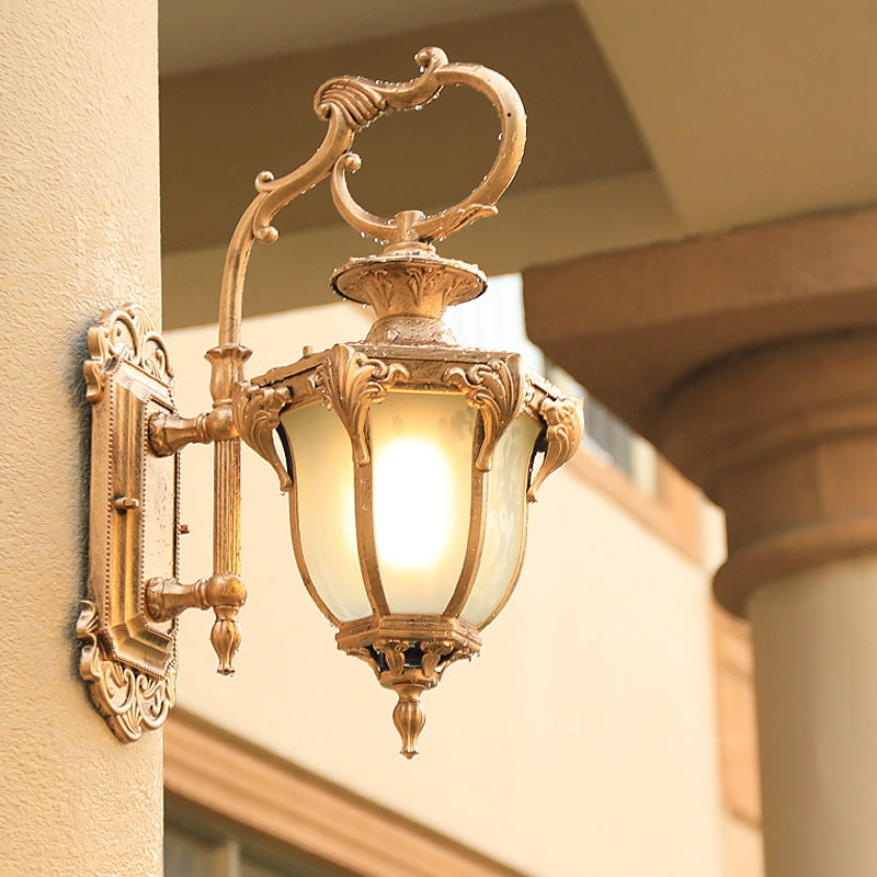 Traditional European Aluminum Glass Carved Lantern 1-Light Outdoor Waterproof Wall Sconce Lamp