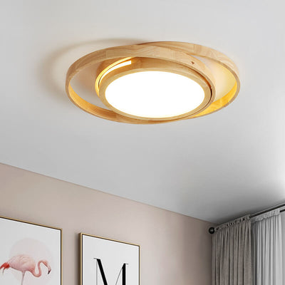 Minimalist Log Wooden Circle Ring LED Flush Mount Ceiling Light