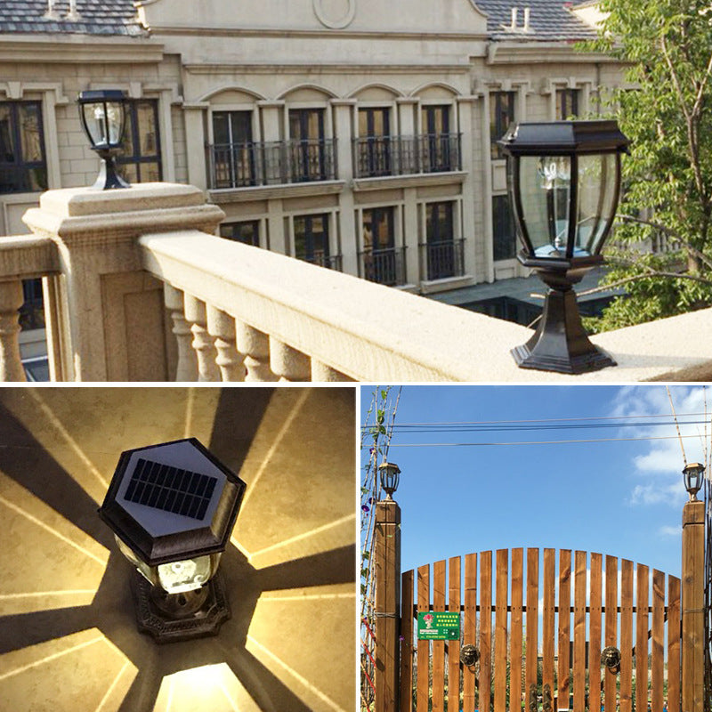 Lámpara de Poste Hexagonal de Techo Plano Impermeable Solar Tradicional Europea LED para Jardín Paisajístico al Aire Libre 