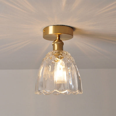 European Light Luxury Floral Glass Copper 1-Light Semi-Flush Mount Light