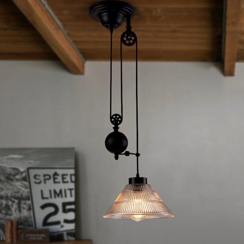 Contemporary Transitional Iron Pulley Liftable Pleated Glass Shade 1-Light Pendant Light For Dining Room