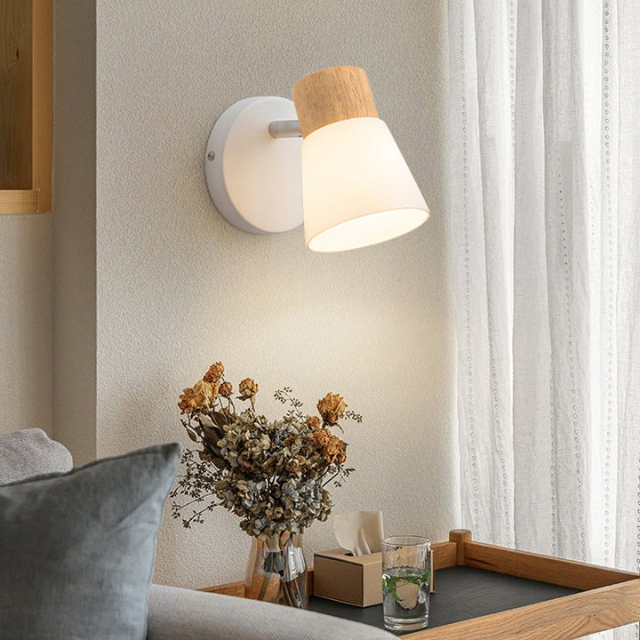 Modern Minimalist Rubberwood Glass Cone Rotatable 1/2 Light Wall Sconce Lamp For Living Room &amp; Bedroom