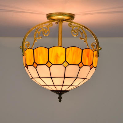 Tiffany European Mediterranean Yellow Glass Bowl 2-Light Semi-Flush Mount Deckenleuchte 