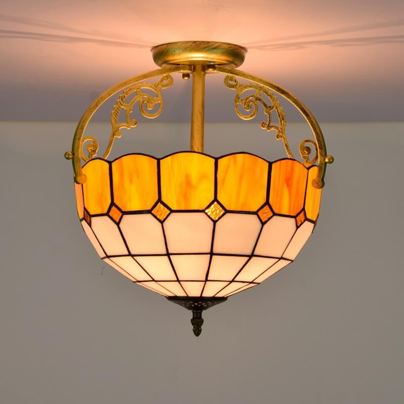 Tiffany European Mediterranean Yellow Glass Bowl 2-Light Semi-Flush Mount Ceiling Light