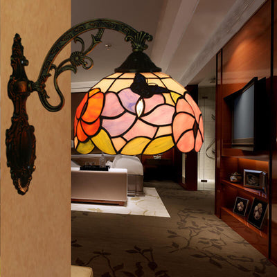 European Tiffany Butterfly Flower Stained Glass Dome 1-Light Wall Sconce Lamp