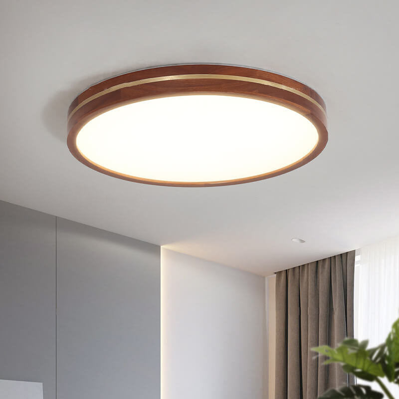 Modern Wooden Slim Walnut Color LED Flush Mount Light