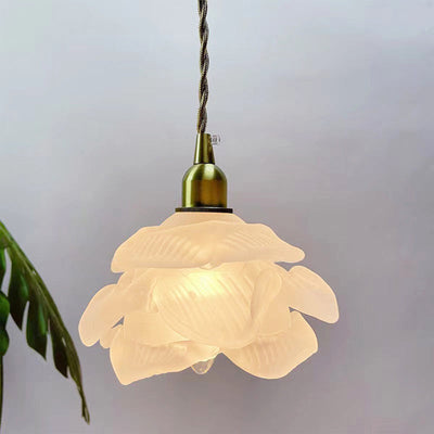 Moderno Art Deco Latón Floral Pantalla de Vidrio 1-Luz Lámpara Colgante Para Dormitorio 