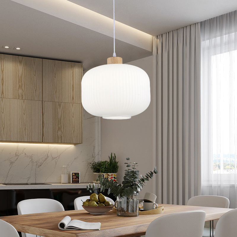 Modern Minimalist Striped Glass Rubberwood Oval Jar 1-Light Pendant Light for Living Room