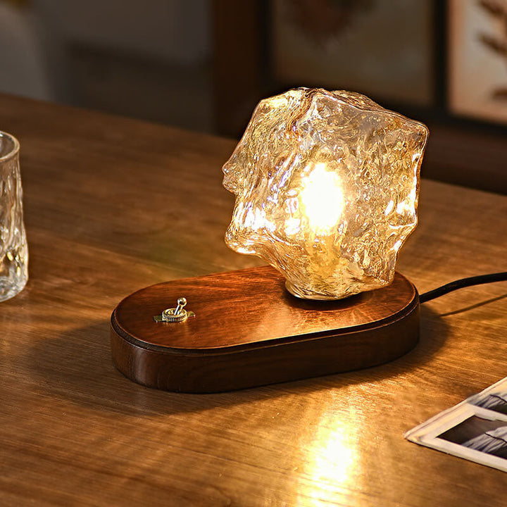 Japanische Vintage Walnuss Unregelmäßige Glaslampenschirm 1-Licht Tischlampe 