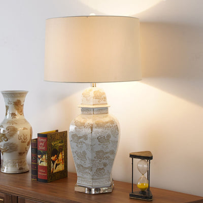 Vintage Palace Ceramics Base Fabric Drum Shade 1-Light Table  Lamp