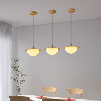 Traditional Japanese Imitation Wood Grain PE Corrugated Shade LED Pendant Light For Living Room