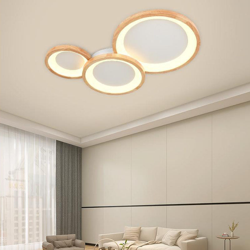 Contemporary Nordic Wood Frame Acrylic Round Shade LED Flush Mount Ceiling Light For Living Room