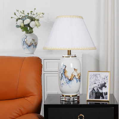 Light Luxury Chinese Ceramic Oval Jar Base Fabric 1-Light Table Lamp