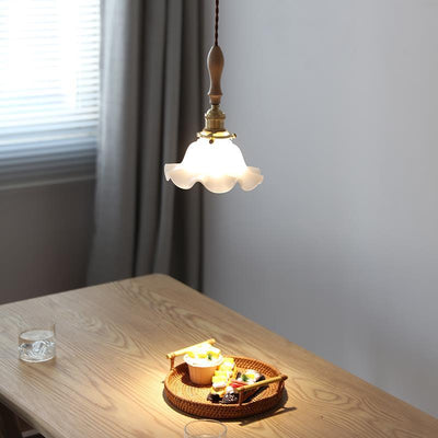 Japanese Vintage Glass Flower Petal Walnut 1-Light Pendant Light