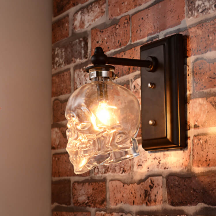 Contemporary Creative Round Skull Glass Iron 1-Light Halloween Wall Sconce Lamp For Living Room