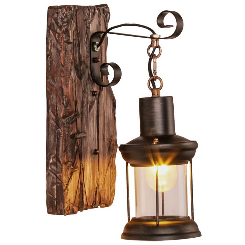 Glass Iron Wooden Base 1-Light Cylinder Sconce Lamp