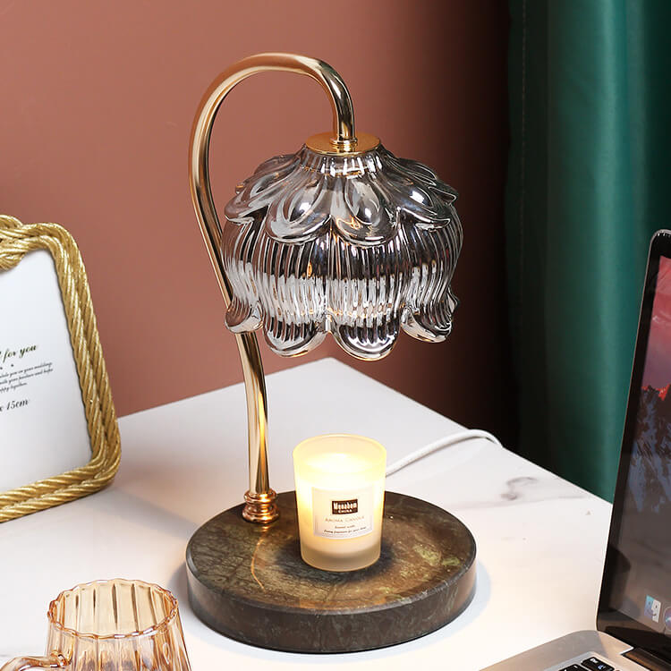 Lámpara de mesa de cera derretida de 1 luz con diseño de orquídea campana creativa japonesa base de mármol de madera 