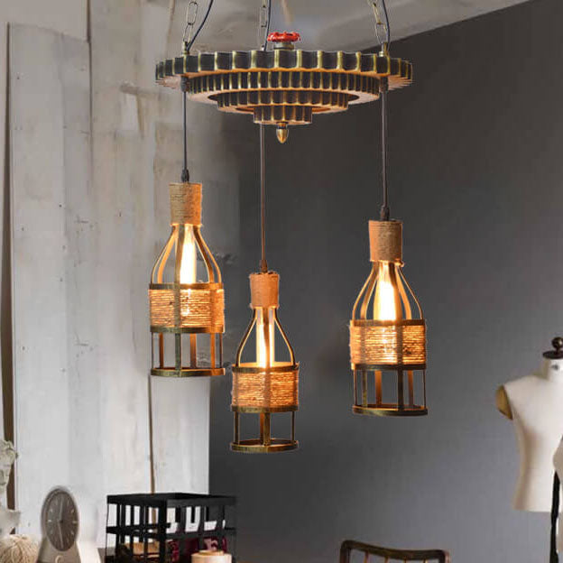 Contemporary Industrial Gear Twine Bottle Iron Plywood 3-Light Chandelier for Living Room
