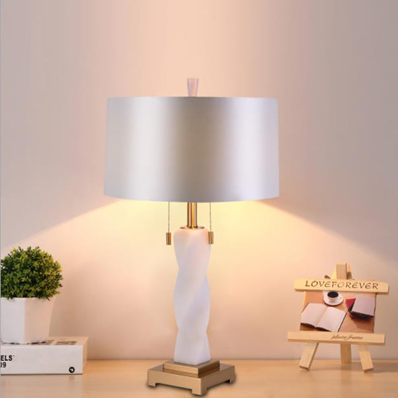 Modern Luxury Cylinder Round Metal Marble Fabric 1-Light Table Lamp For Bedroom