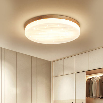 Modern Minimalist Solid Wood Edging PVC Round Shade LED Flush Mount Ceiling Light For Living Room