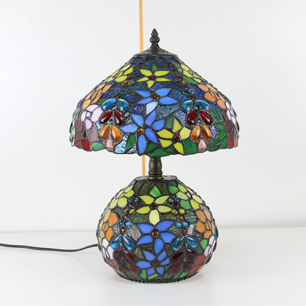Traditional Tiffany Copper Glass Resin Floral Beads Round Base 2-Light Table Lamp For Bedroom