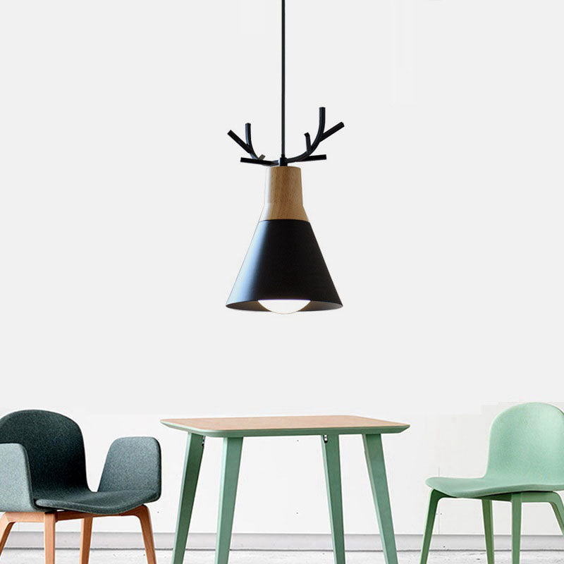 Modern Minimalist Antler Wood Iron Cone 1-Light Pendant Light For Living Room