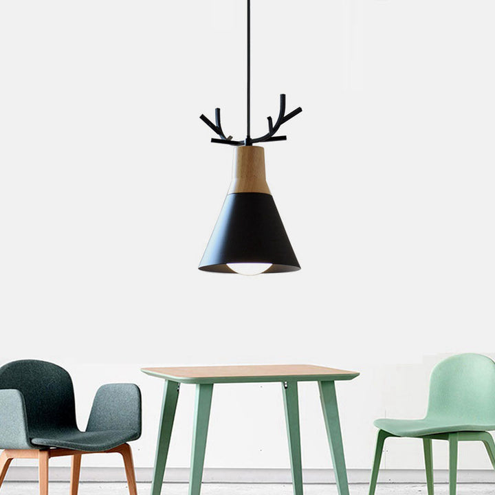 Modern Minimalist Antler Wood Iron Cone 1-Light Pendant Light For Living Room