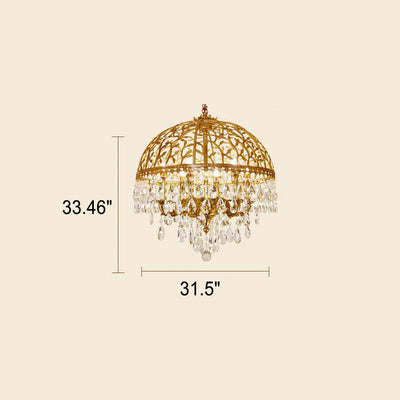 European Luxury Brass Carved Crystal Dome 6/8 Light Chandelier