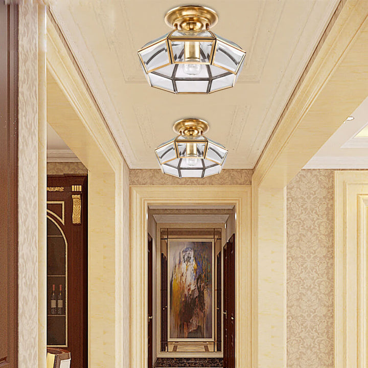 Modern Luxury Octagonal Brass Crystal Glass 1-Light Semi-Flush Mount Ceiling Light
