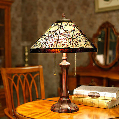 European Tiffany Hexagonal Vine Stained Glass 2-Light Table Lamp