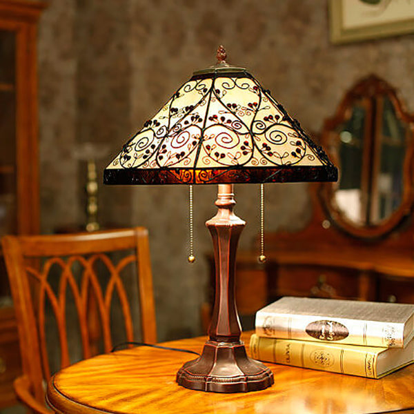 Lampe de Table à 2 Lumières en Verre Coloré Hexagonal à Motif Vigne de Tiffany Européen 