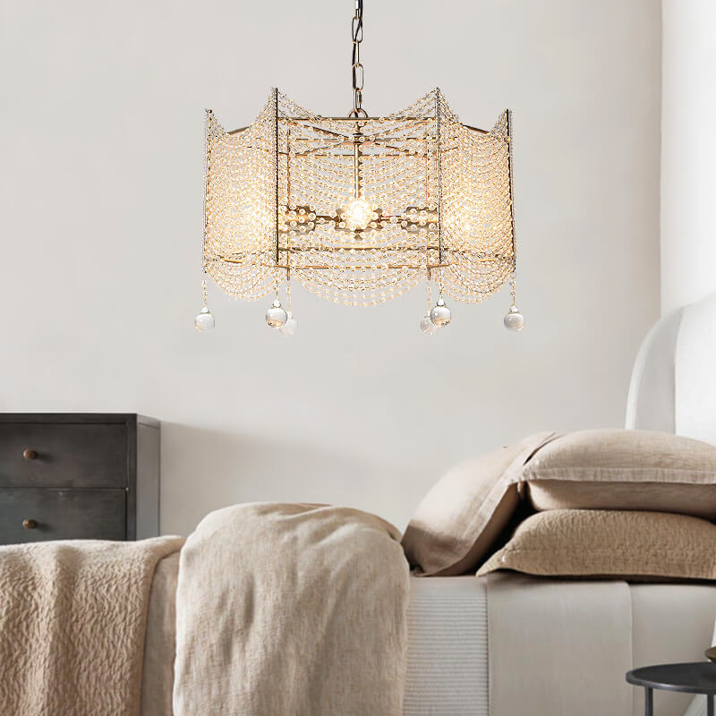 Modern Polygon Gold-Finished Iron Frame Crystal Beads 6-Light Chandelier