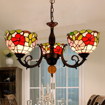 Tiffany Rustic Floral Stained Glass 3-Light Chandelier