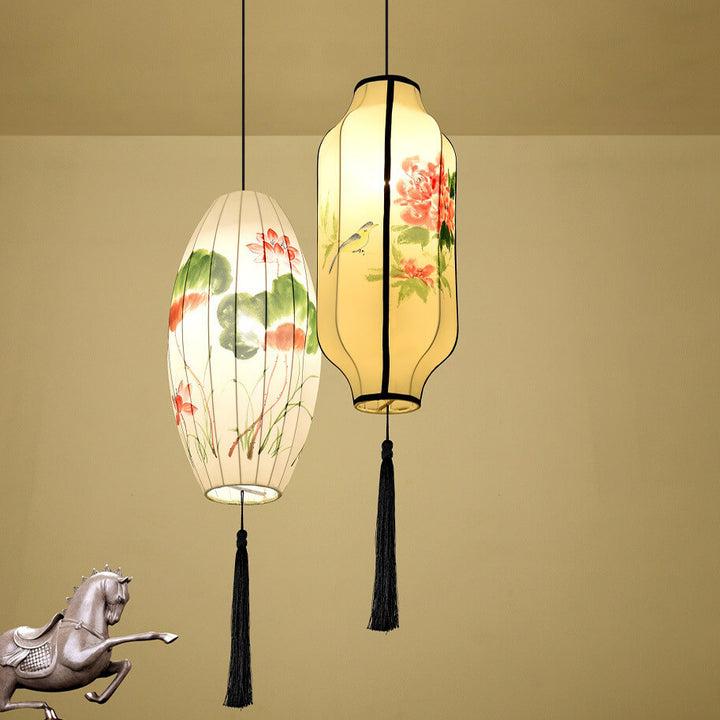 Lanterne ovale antique orientale faite à la main en tissu 1 lumière suspendue 