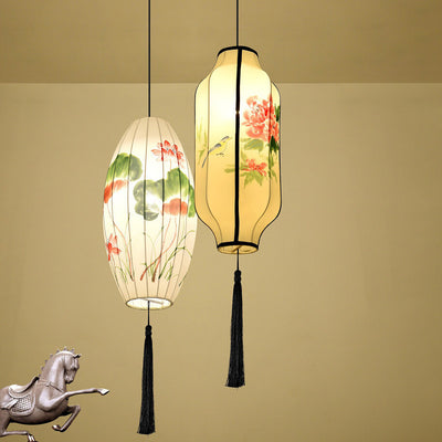 Oriental Antique Handmade Oval Lantern Fabric 1-Light Pendant Light