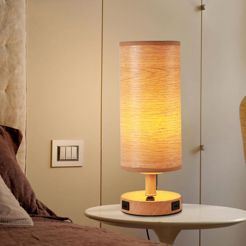 Moderne Tischlampe mit Holzmaserung Stoffschirm 1-Licht 