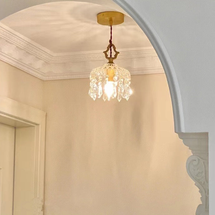 Moderne Art Deco Messing kariert Glas Schatten Kristall Perlen 1-Licht Pendelleuchte für Wohnzimmer 