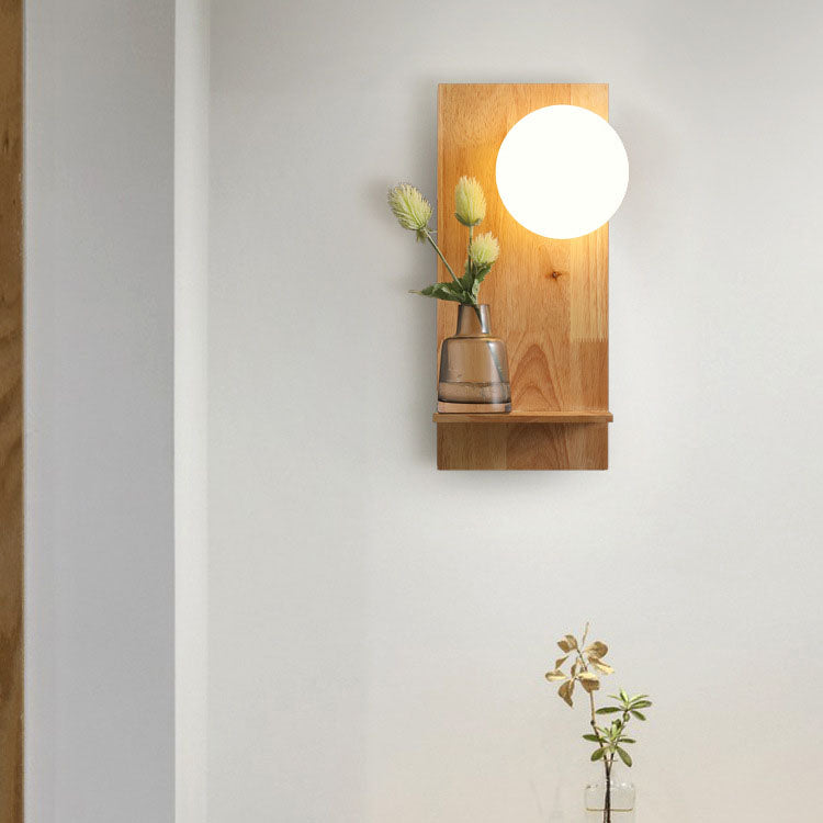 Moderne nordische 1-flammige Wandleuchte mit Glaskugel, Holz und quadratischer Basis für Schlafzimmer und Wohnzimmer 