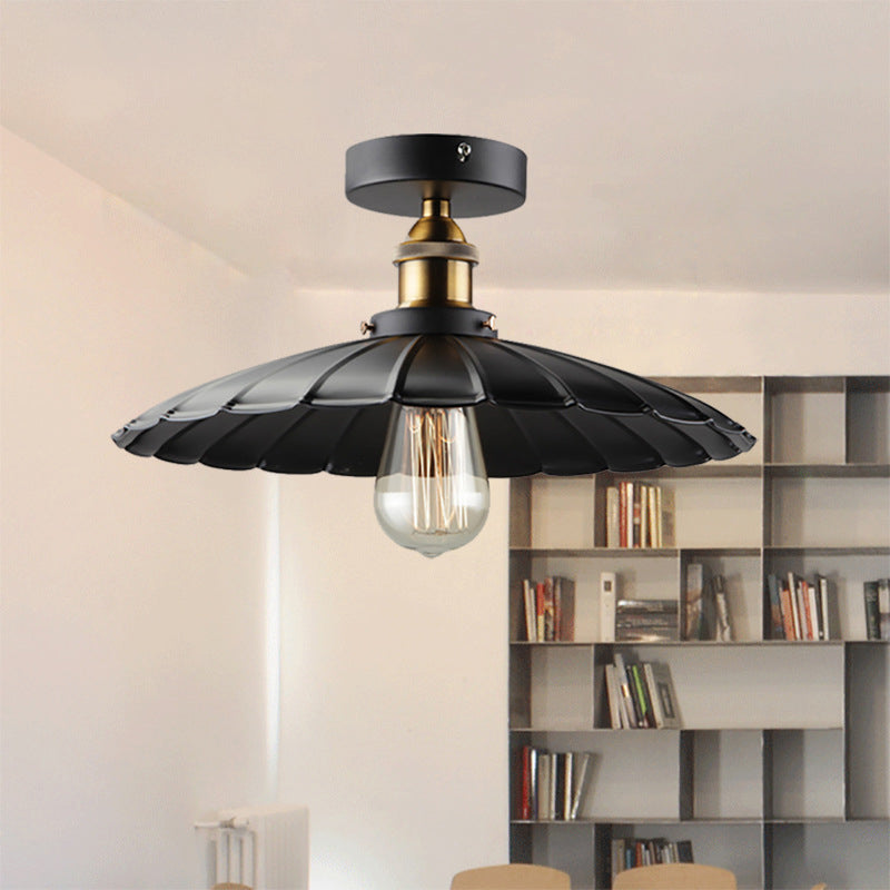 Contemporary Industrial Iron Umbrella Shade 1-Light Semi-Flush Mount Ceiling Light For Living Room