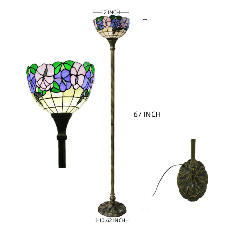 Tiffany Vintage Butterfly Flower Stained Glass Dome 1-Light Standing Floor Lamp