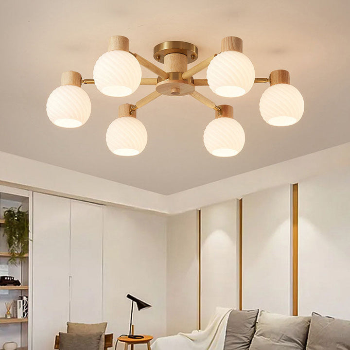 Plafón de techo tradicional japonés Wabi-sabi de madera de caucho, herrajes y vidrio de 3/6/8 luces para sala de estar 