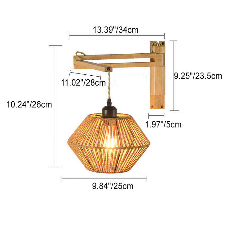 Traditionelle Vintage-Wandleuchte mit Seilgeflecht, Bambus, Massivholz und Laternenkäfig, 1-flammig, für das Wohnzimmer 