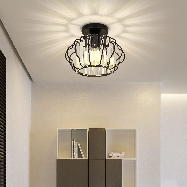 Modern Luxury Flower Iron Crystal 1-Light Semi-Flush Mount Ceiling Light