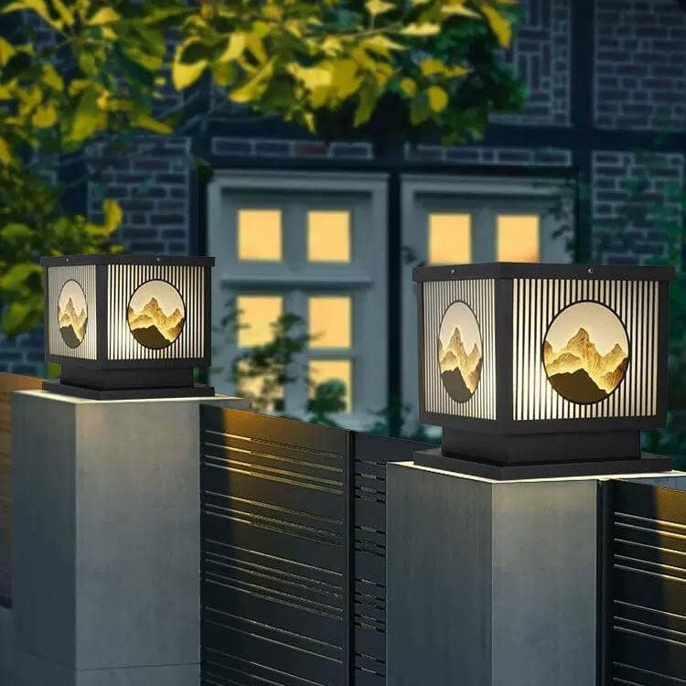 Traditionelle chinesische wasserdichte LED-Garten- und Landschaftsleuchte für den Außenbereich mit quadratischem Aufsatz aus Aluminium und gehärtetem Glas 