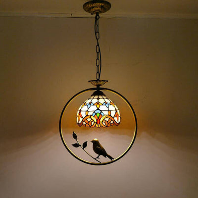 Tiffany Rustic Dome Stained Glass Ring Bird Design 1-Light Pendant Light