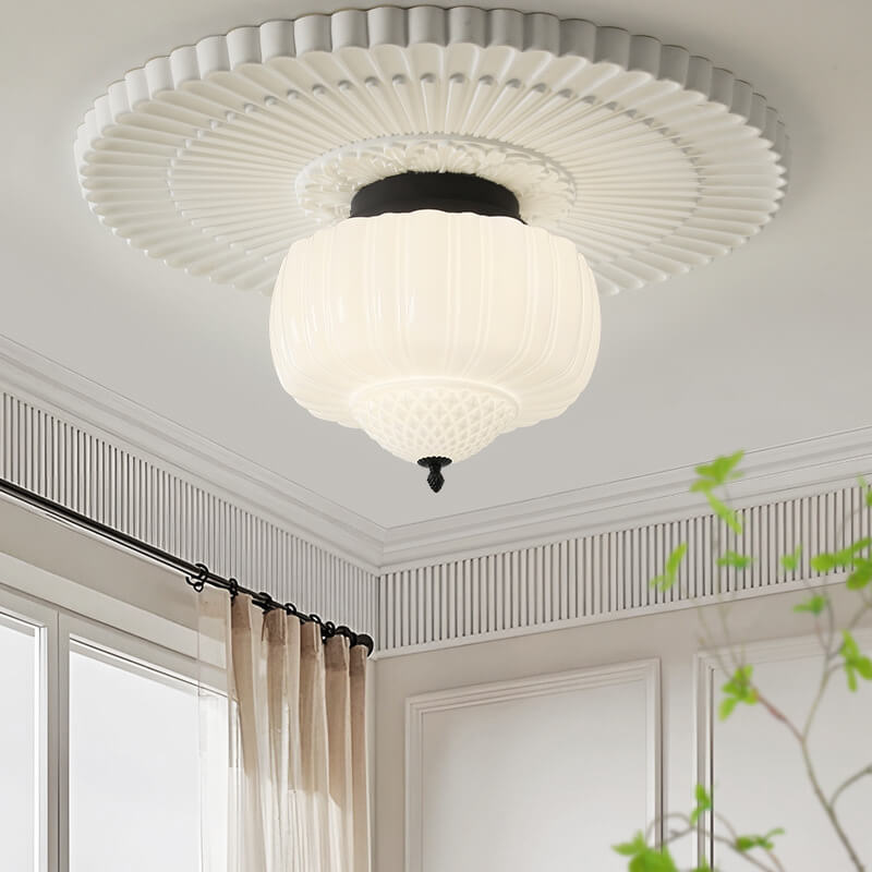 Moderne minimalistische cremefarbene Laterne aus Eisenglas mit 3 Lichtern, halbbündige Deckenleuchte für Schlafzimmer 